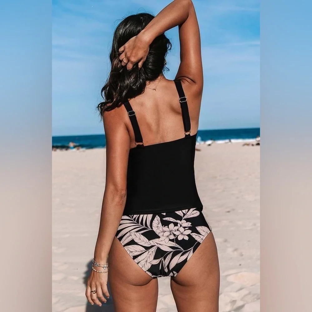 NWT Cupshe Black Wrapped Tankini Top & Tropical Mid-Rise Bottoms Set